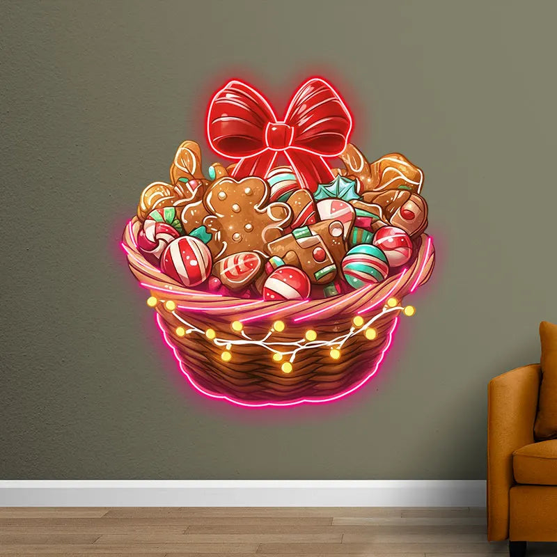 Christmas Gingerbread Men & Candy Basket Neon Sign, Creative Wall Hanging Neon Light, Christmas Wall Decor Light