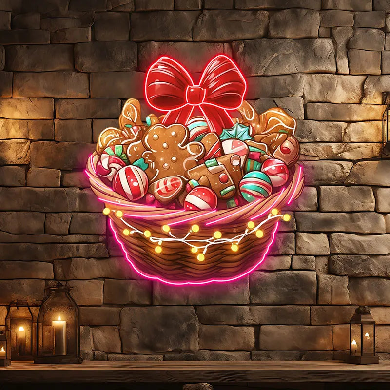 Christmas Gingerbread Men & Candy Basket Neon Sign, Creative Wall Hanging Neon Light, Christmas Wall Decor Light