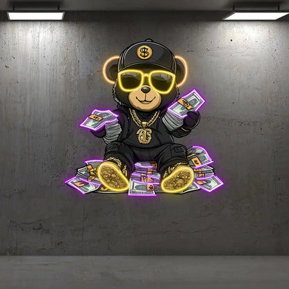 Rich Bear Sitting On The Pile Of Money Neon Sign, Creative Wall Hanging Neon Light, Whimsical Decor Light