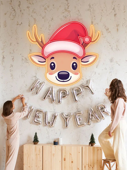 Reindeer Neon Sign Christmas Print Art – Cute Reindeer with Bell and Santa Hat, Festive Wall Art for Kids Room or Holiday Decor