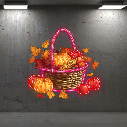 Autumn Harvest Basket Thanksgiving Neon Light – Rustic LED Thanksgiving Decor with Pumpkins, Corn and Apples, Autumn Home decor