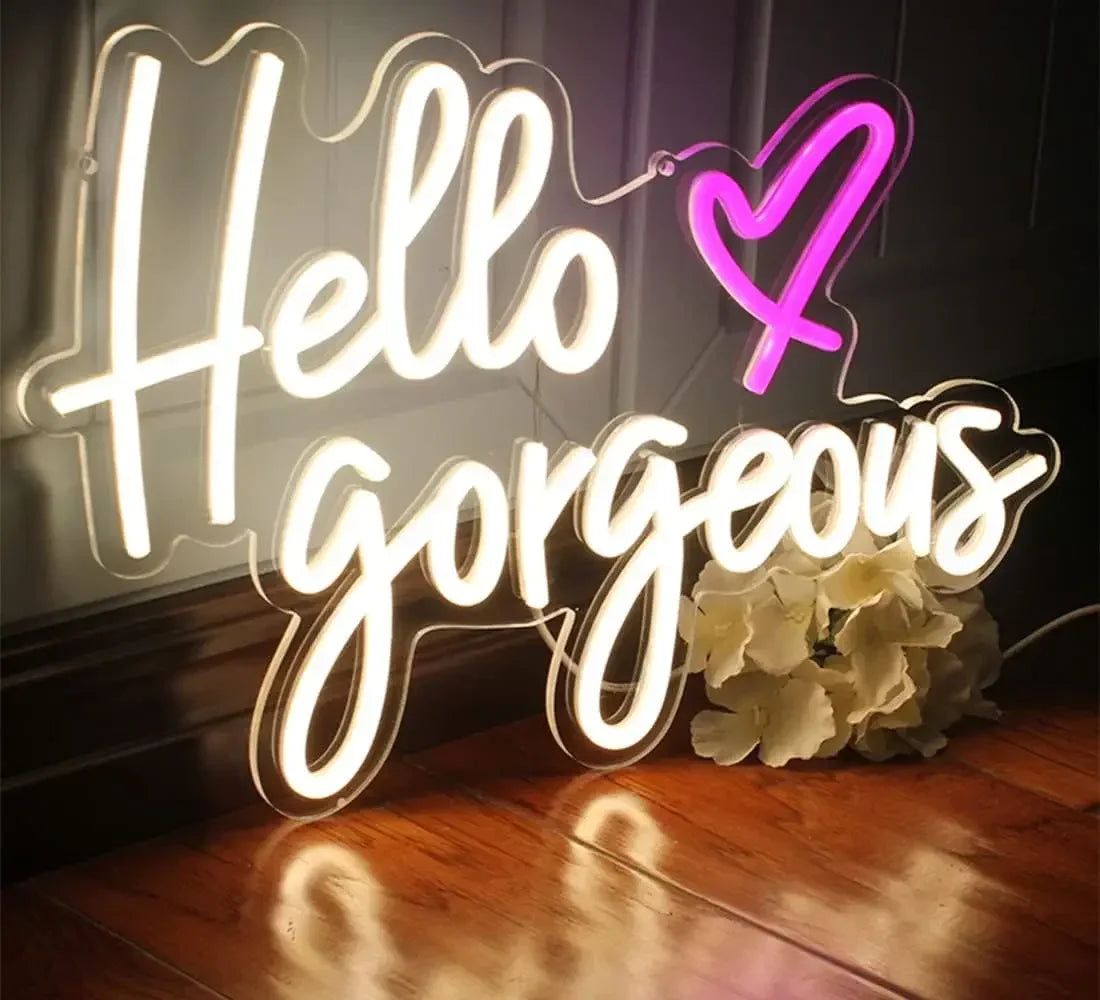 Warm White Hello Gorgeous LED Neon Sign - Aesthetic Wall Decor for Bedroom, Beauty Salon, Vanity - Custom Neon Light for Girls Room or Gift