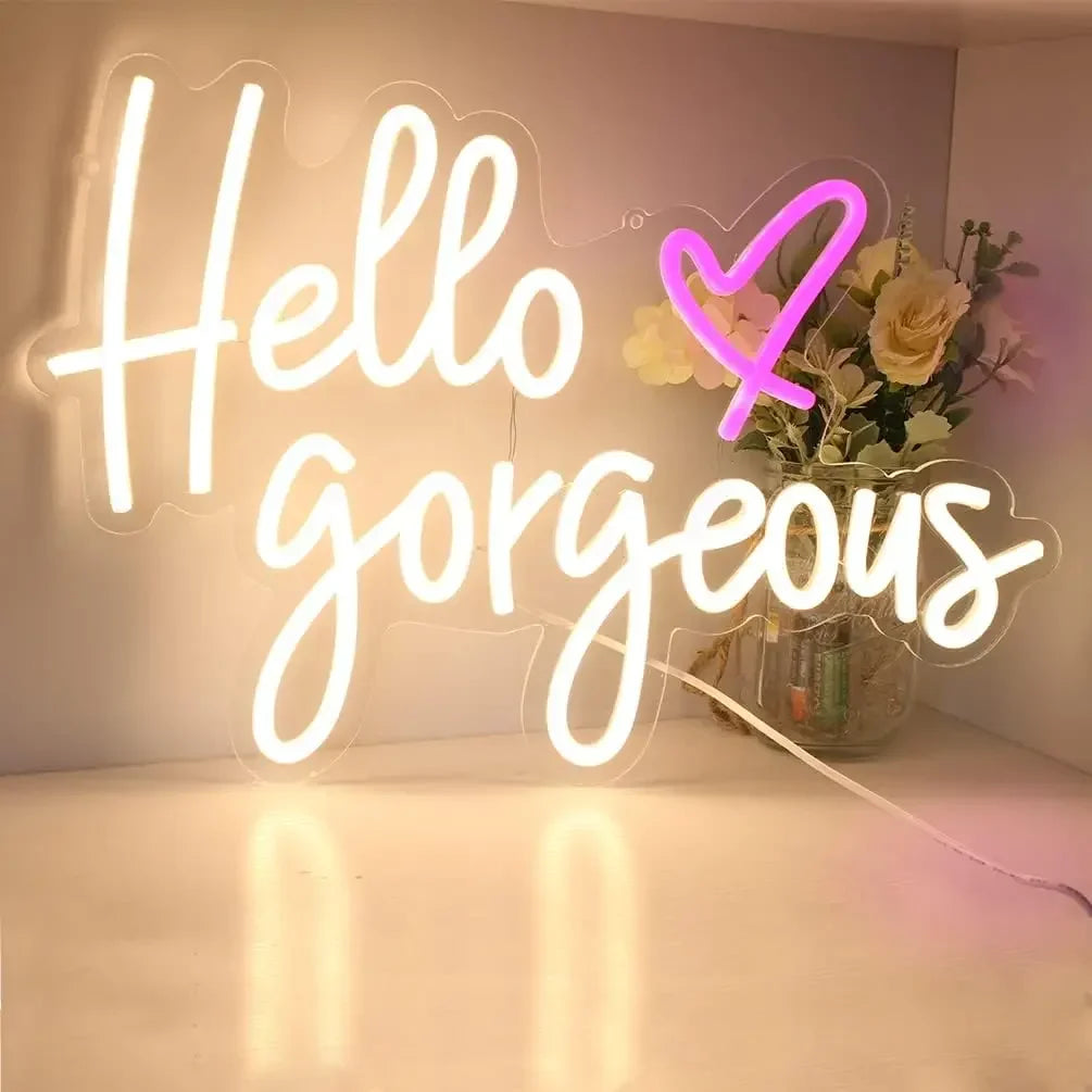 Warm White Hello Gorgeous LED Neon Sign - Aesthetic Wall Decor for Bedroom, Beauty Salon, Vanity - Custom Neon Light for Girls Room or Gift