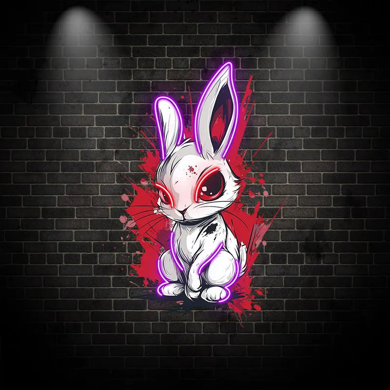 Toysign Edgy Neon Bunny Wall Art – Graffiti-Style LED Sign with Intense Eyes, Urban Cartoon Decor for Game Room, Bar & Studio