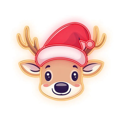 Reindeer Neon Sign Christmas Print Art – Cute Reindeer with Bell and Santa Hat, Festive Wall Art for Kids Room or Holiday Decor