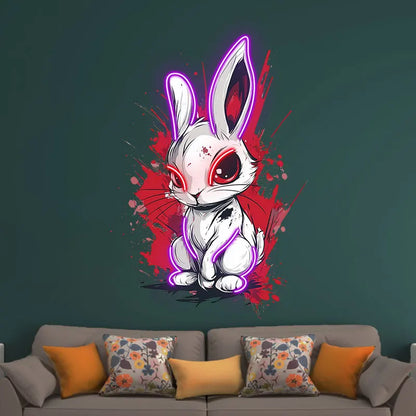 Toysign Edgy Neon Bunny Wall Art – Graffiti-Style LED Sign with Intense Eyes, Urban Cartoon Decor for Game Room, Bar & Studio