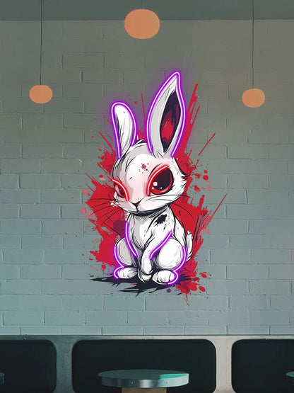 Toysign Edgy Neon Bunny Wall Art – Graffiti-Style LED Sign with Intense Eyes, Urban Cartoon Decor for Game Room, Bar & Studio