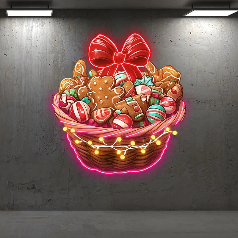 Christmas Gingerbread Men & Candy Basket Neon Sign, Creative Wall Hanging Neon Light, Christmas Wall Decor Light