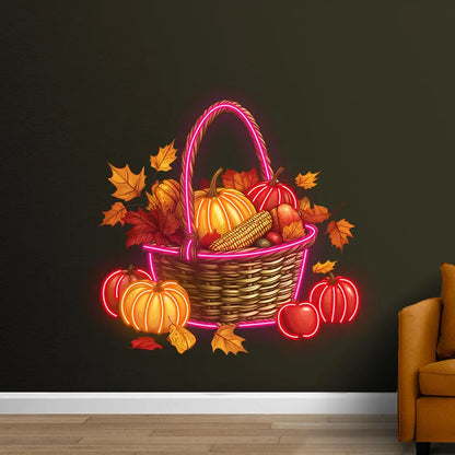 Autumn Harvest Basket Thanksgiving Neon Light – Rustic LED Thanksgiving Decor with Pumpkins, Corn and Apples, Autumn Home decor