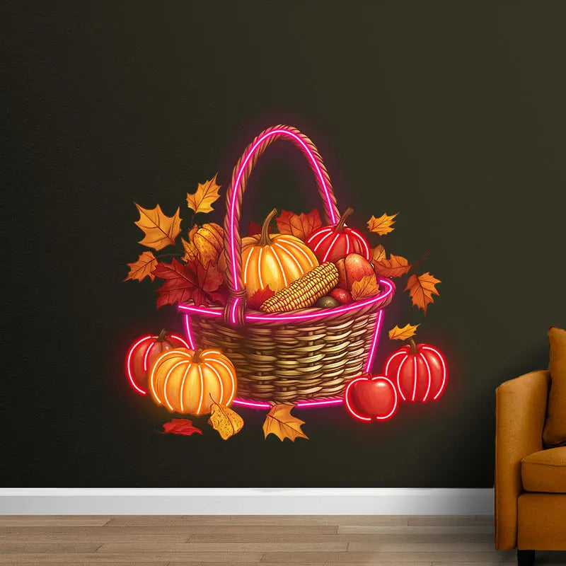 Autumn Harvest Basket Thanksgiving Neon Light – Rustic LED Thanksgiving Decor with Pumpkins, Corn and Apples, Autumn Home decor