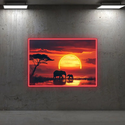 Toysign Elephant Sunset Neon Wall Art – Radiant Wall Decor with African Wildlife, Perfect for Living Room or Office Ambiance