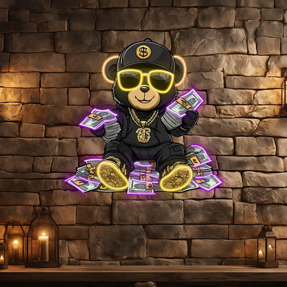 Rich Bear Sitting On The Pile Of Money Neon Sign, Creative Wall Hanging Neon Light, Whimsical Decor Light