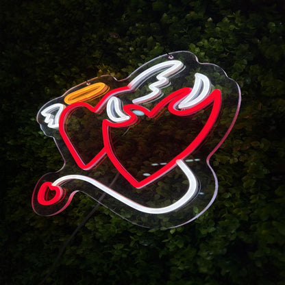 Angel & Devil Heart Neon Sign - LED Wall Light with Wings, Halo & Horns for Romantic Room Decor, Couples Gift, Aesthetic Vibes