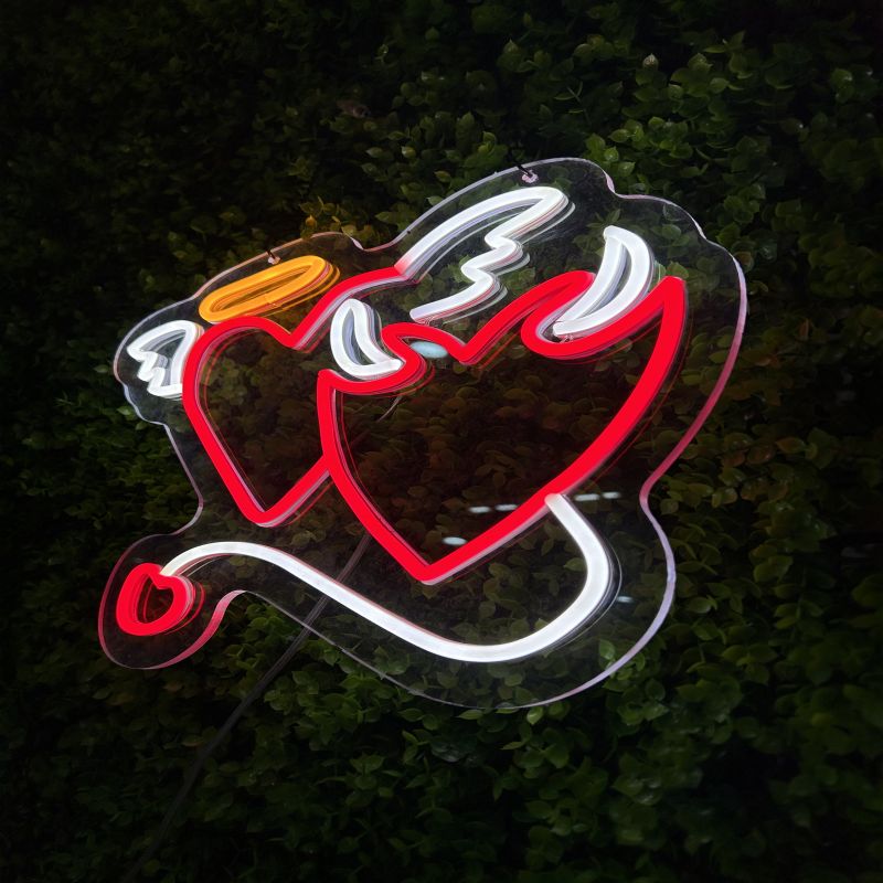 Angel & Devil Heart Neon Sign - LED Wall Light with Wings, Halo & Horns for Romantic Room Decor, Couples Gift, Aesthetic Vibes