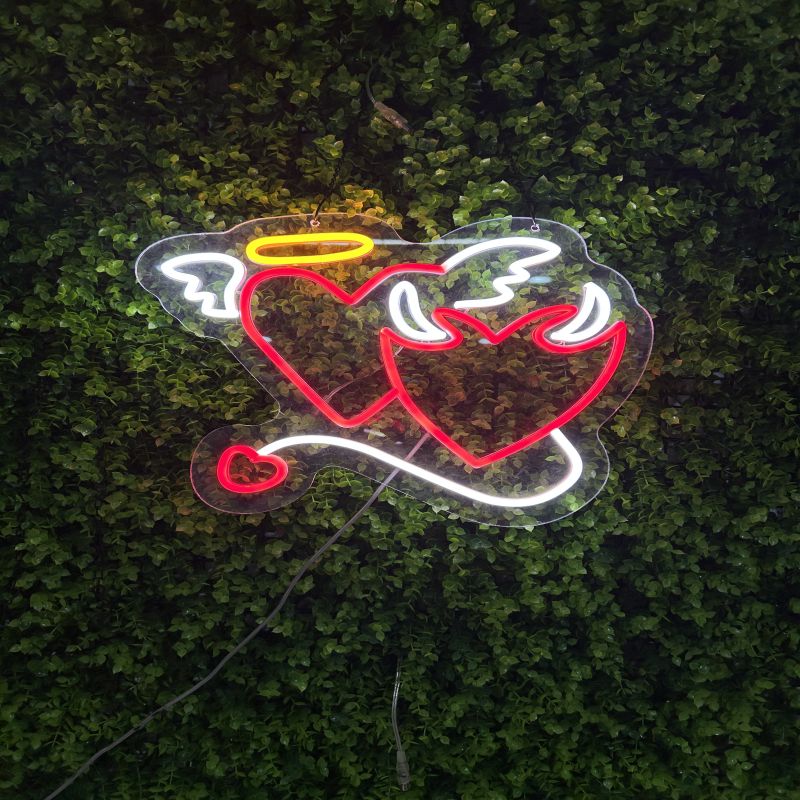 Angel & Devil Heart Neon Sign - LED Wall Light with Wings, Halo & Horns for Romantic Room Decor, Couples Gift, Aesthetic Vibes