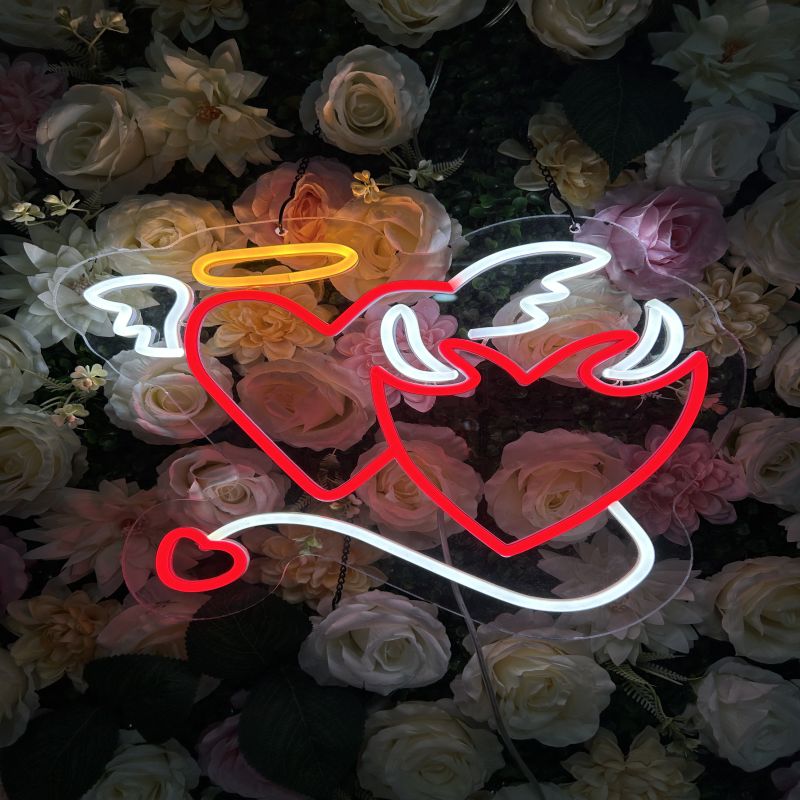 Angel & Devil Heart Neon Sign - LED Wall Light with Wings, Halo & Horns for Romantic Room Decor, Couples Gift, Aesthetic Vibes