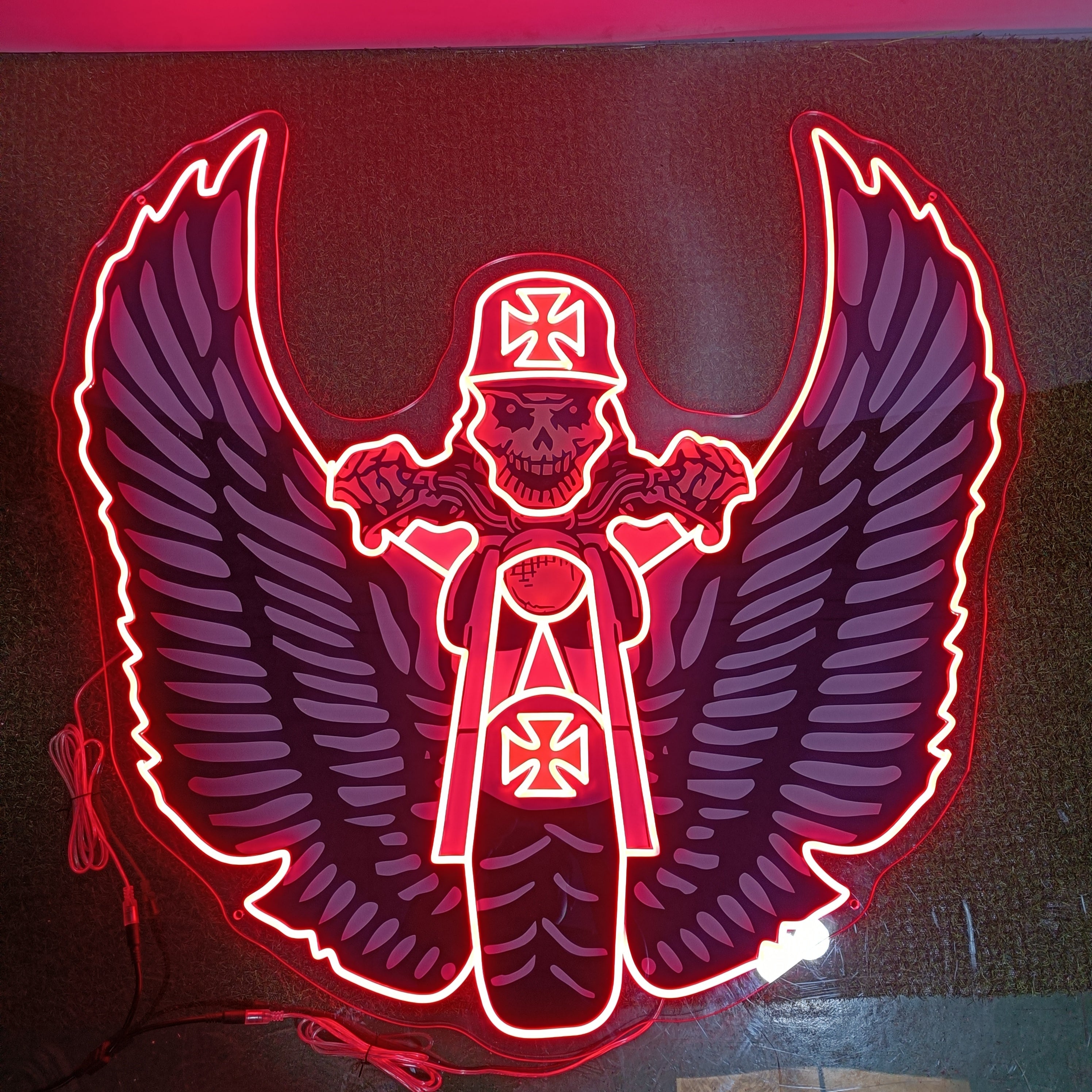 UV printed neon sign, biker bar decor, garage LED sign, eagle helmet logo, made to order